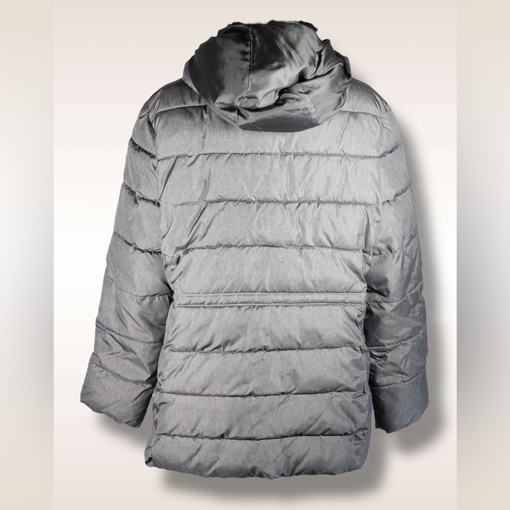 GAP Mid Puffer Jacket Silver Heather Hooded Faux-Fur Lined – Women’s Size XL - Picture 11 of 17